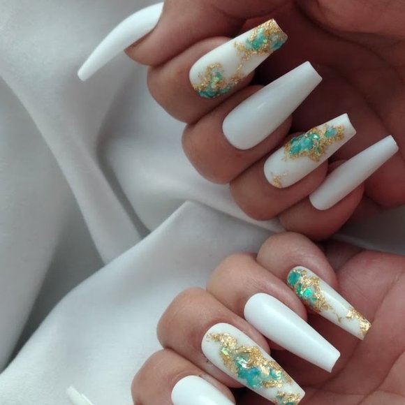 White/aqua and Gold flake Geode gem press on nails pPN44 - Picture 5 of 7